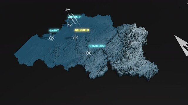 Seamless looping animation of the 3d terrain map at nighttime of Belgium with the capital and the biggest cites in 4K resolution