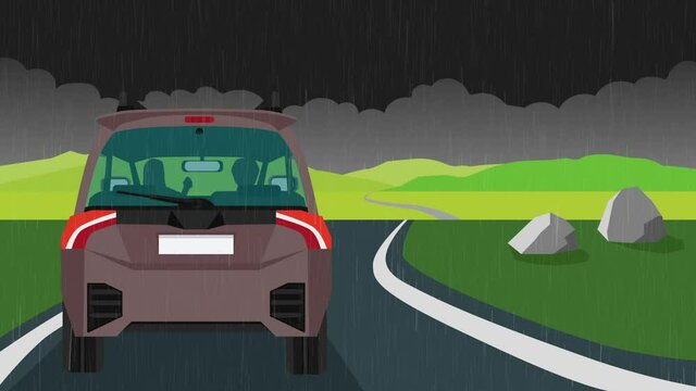 Rainy time of rear side of brown family car. Shadow of a woman and a man driving in a car. Travel on a road that cuts through the vast green grass during the day. Big mountain far away under blue sky.