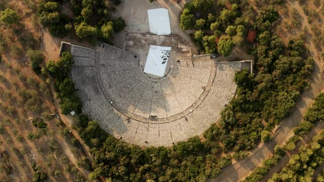 Bird's Eye View Of The Famous Ancient Epidauros Amphitheater Located In Greece Near Lighourio City - aerial shot