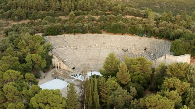Ancient Theatre of the Asklepieion at Epidaurus - aerial drone shot