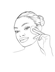 Girl cares about her face. A woman with an African American appearance applies cosmetics. Black and white illustration