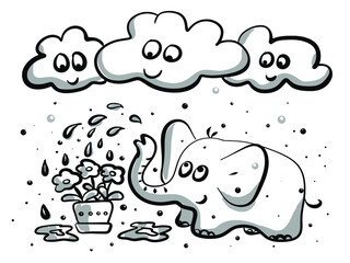 Drawing A happy elephant and his friends clouds