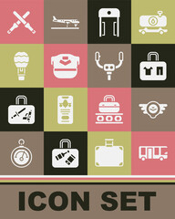 Set Airport bus, Aviation emblem, Suitcase, Metal detector in airport, Pilot hat, Hot balloon, Marshalling wands and Aircraft steering helm icon. Vector