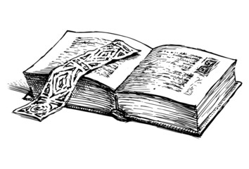 Sketch of old opened printed book with bookmark