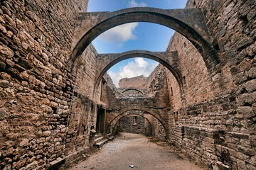 Arches inside the castle of Loarre in Huesca,