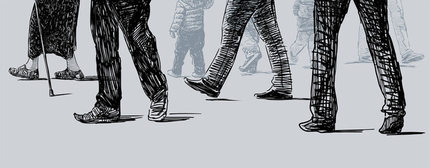 Vector drawing of legs casual city pedestrians walking along street