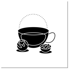 Coco bomb glyph icon. Delicious dessert. Cute ball of chocolate with marshmallows filling inside. Bomb inside cup. Chocolate sweet.Filled flat sign. Isolated silhouette vector illustration