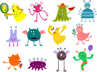 Children's  vector funny set of cartoon monsters on transparent background. Cheerful, smiling, eating watermelon, crazy. Horns, hooves, many legs, many eyes, wings. Hat, flower, ice cream, balloon.