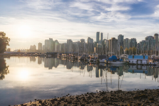 Boats Moored In Vancouver Harbour With Skyscrapers Behind.