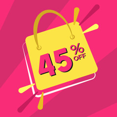 45 percent discount. Pink banner with floating bag for promotions and offers