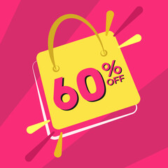 60 percent discount. Pink banner with floating bag for promotions and offers