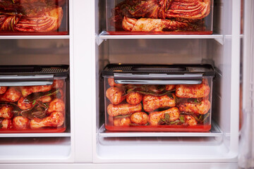 kimchi in the refrigerator ,Korean spicy pickles dish 