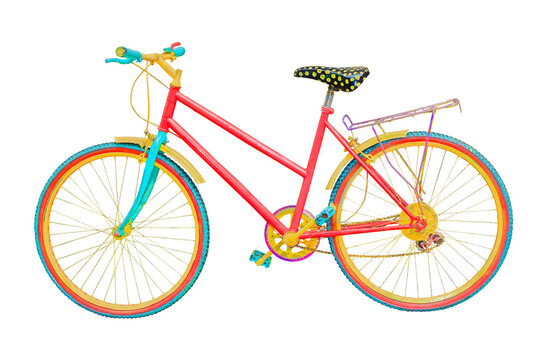Old colored mountain bike on white background