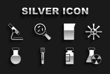 Set Test tube and flask, Bacteria, radiation, Laboratory glassware or beaker, Microscope and Microorganisms under magnifier icon. Vector