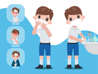 Thai student infographic symptom and protection from covid-19 character. Siam bangkok school thailand safe.