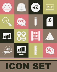 Set Discount percent tag, Geometric figure Tetrahedron, Function mathematical symbol, Square root of x glyph, XYZ Coordinate system, Magnifying glass with, Triangle and Pencil icon. Vector