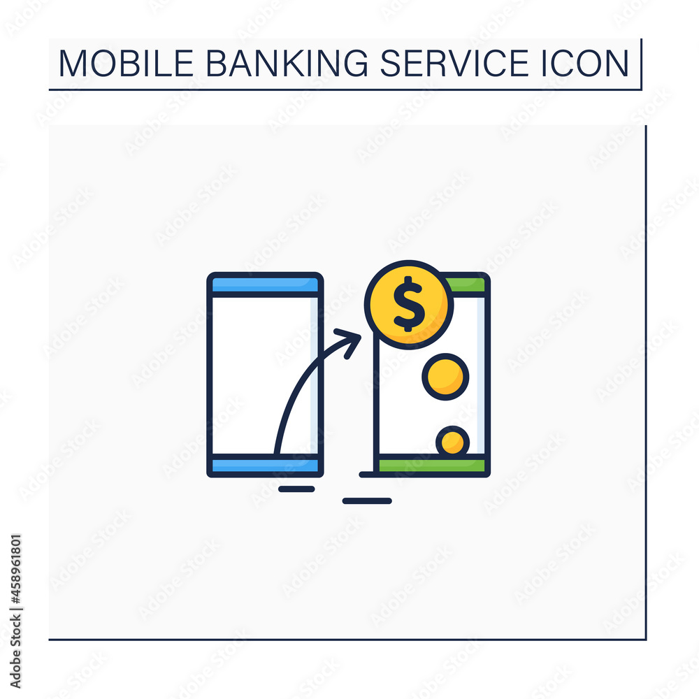 Poster transfer funds color icon. transaction money from one device to another. instant transit using phone