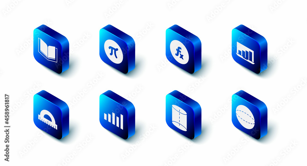 Poster set pi symbol, function mathematical, laptop with graph chart, geometric figure sphere, graph, sched