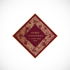 Christmas and New Year Hand Drawn Sketch Wreath, Frame Banner or Sticker Template. Abstract Holiday Promo Sale Vector Rhombus Label with Retro Typography and Gold Color. Isolated