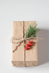 Christmas gift wrapping. Spruce branches, white background