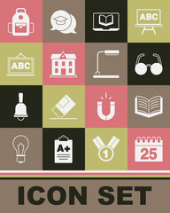 Set Calendar, Open book, Glasses, Online class, School building, Chalkboard, backpack and Table lamp icon. Vector