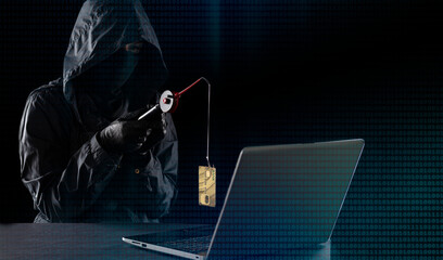 Internet fraud using computer technology, stealing money on the Internet, stealing credit card data. Hacker with a fishing rod, hacker caught a credit card with a fishing rod