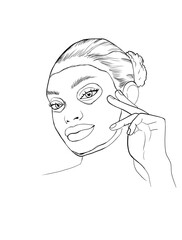 Girl cares about her face. A woman with an African American appearance applies cosmetics. Black and white illustration