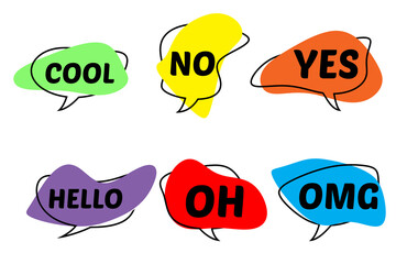 multi-colored speech bubbles of abstract shape with different words