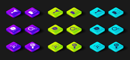 Set Stomach with magnifying glass, Microorganisms under magnifier, DNA symbol, Petri dish pipette, Laboratory glassware beaker and Funnel filter icon. Vector