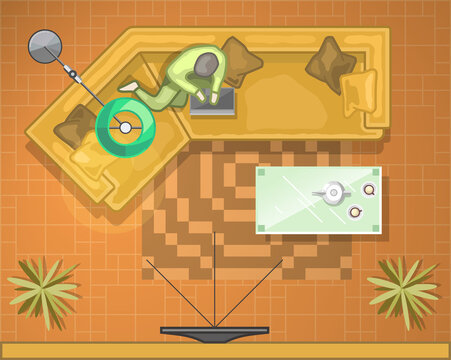 Man Working On Laptop And Laying Down On Sofa In Living Room, Table,  Coffee, Carpet, Plant And Tile Floor From Top View. Vector