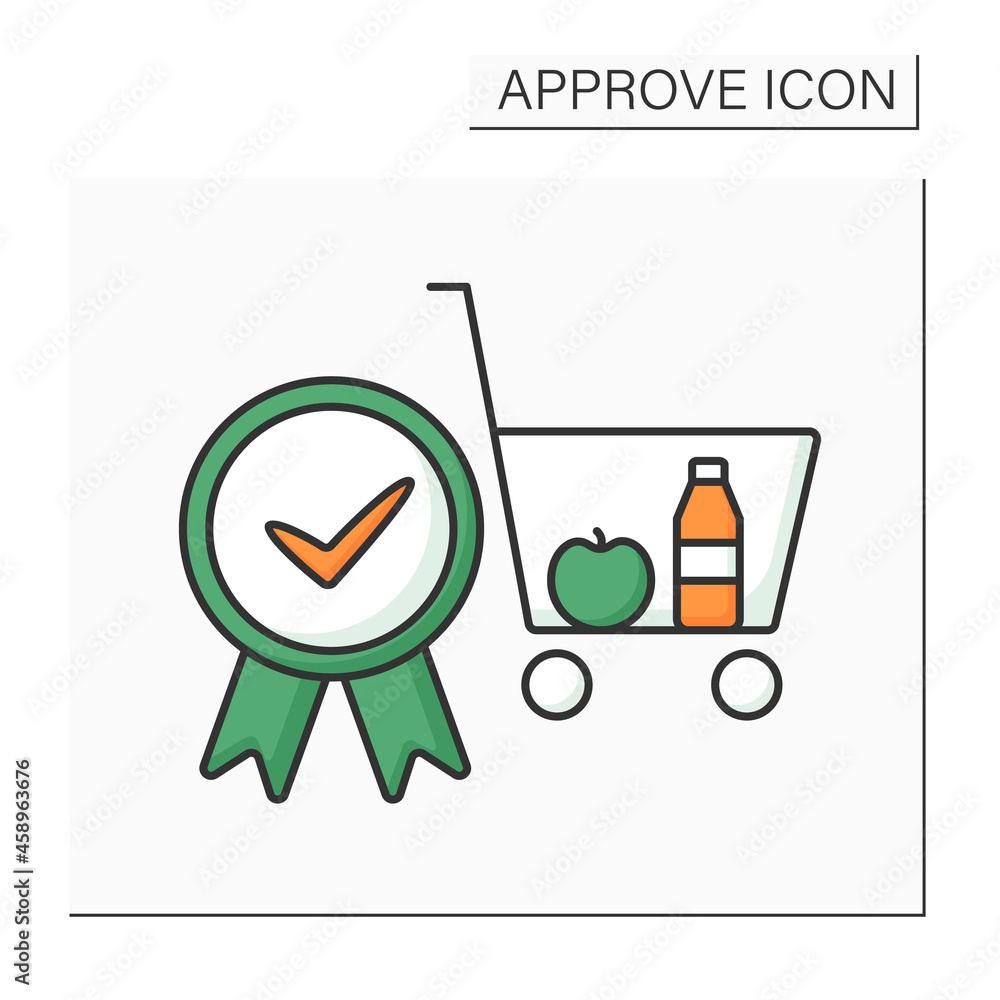 Poster approve cart color icon. online, offline shopping. pending shopping cart requests and approving enti