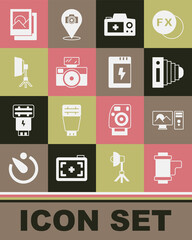 Set Camera roll cartridge, Photo retouching, camera, with flash, Softbox light, frame and Battery for icon. Vector