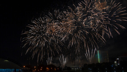 Beautiful colorful holiday fireworks on the black sky background, long exposure. Festive concept.