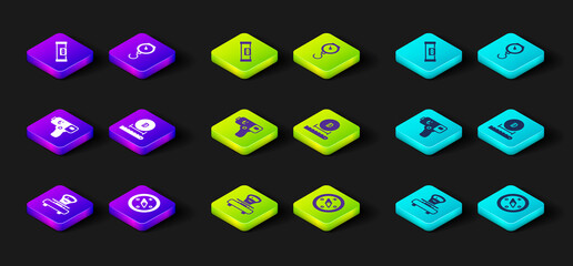 Set Scales, Compass, Digital thermometer, Diameter, Hand scale spring mechanical and Construction bubble level icon. Vector