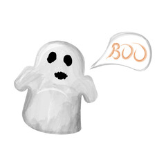 Watercolor cute and scary halloween ghost saying boo