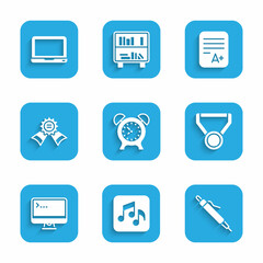Set Alarm clock, Music note, tone, Pen, Medal, Computer monitor, Exam sheet with plus grade and Laptop icon. Vector