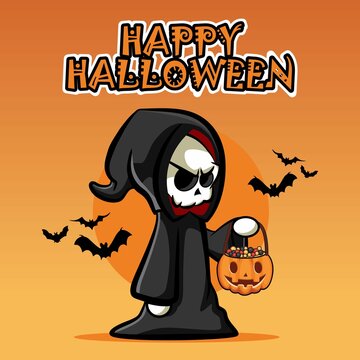 Cute Grim Reaper in Happy Halloween Vector Illustration