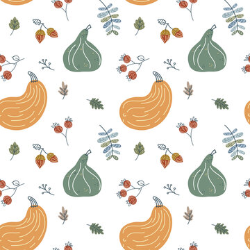 Seamless pattern with hand drawn leaves, pumpkins and berries. Flat pastel background of pumpkins. Autumn texture for thanksgiving, harvest and halloween. Vector Illustration in scandinavian style