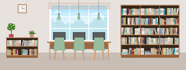 Empty library. Modern interior with bookcases, table, chairs and computers. Vector illustration.