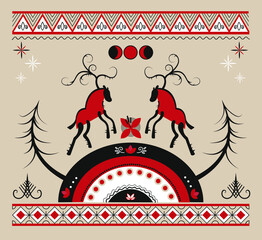 Vector ethnic illustration in the style of Mezen Russian folk painting with deer, plants and borders