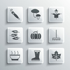 Set Waterproof rubber boot, Leaf or leaves, Garden rake, Pumpkin, Bowl hot soup, Umbrella and Scarecrow icon. Vector