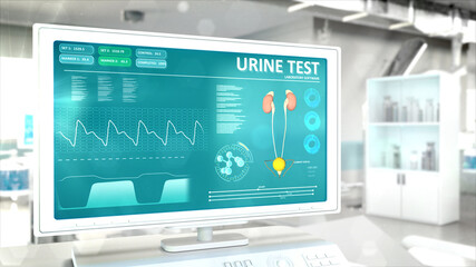 urinalysis on monitor in hi-tech clinic room . conceptual industrial 3D rendering