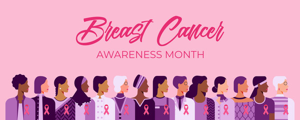 Breast cancer awareness month. Pink October web banner. Cancer prevention and women support vector medical concept. Group of women of diverse age, races and occupation wearing pink ribbons for breast  - obrazy, fototapety, plakaty