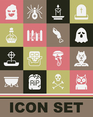 Set Owl bird, Krampus, heck, Ghost, Burning candle, Garden fence wooden, Bottle with potion, Funny scary ghost mask and Zombie finger icon. Vector