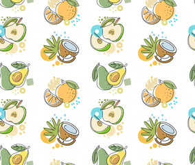 Seamless pattern with fruit apple, avocado, orange, coconut