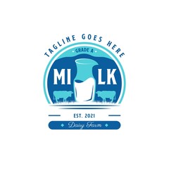 Fototapeta na wymiar Milk and Dairy Farm Product Logo. With milk glass, and cow silhouette. Premium, luxury, and vintage emblem label