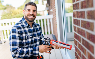 handsome young man installing bay window in a new house construction site