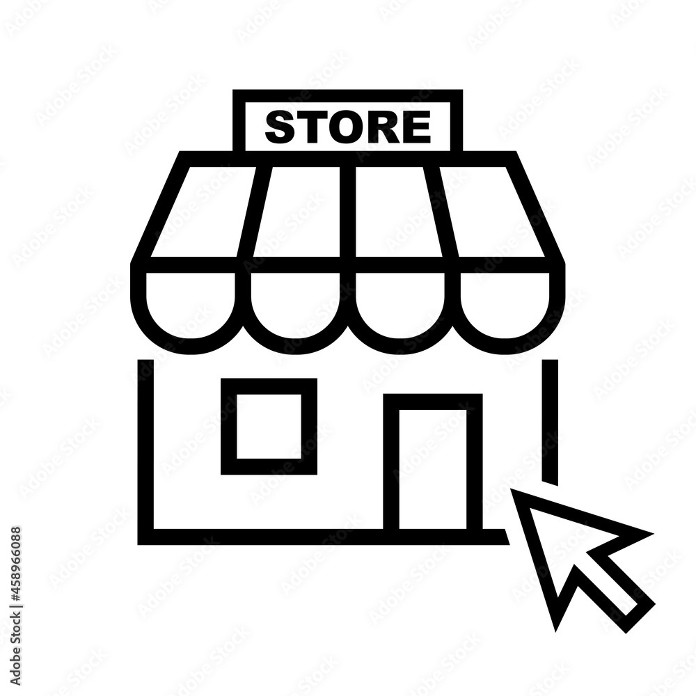 Poster store with click arrow icon. click to pay and collect order. shop thin line icon isolated. online sh