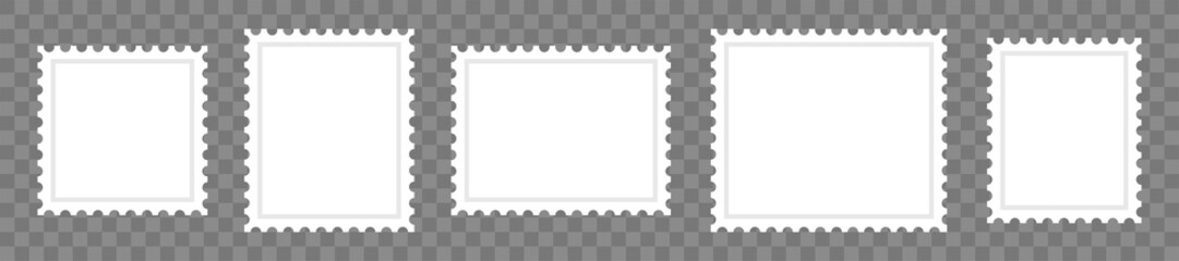 Blank paper postage stamps vector collections. Mark mail letter vintage stamps design template. Postal frame card set isolated on transparent background.
