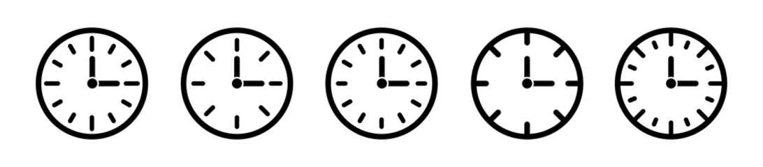 Clock line icon collection. Clock round face icons set. Time symbol isolated on white background. Stock vector elements. 